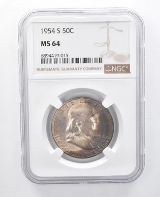 1954-S Franklin Half Dollar MS64 NGC Blue/Purple Tone *7918 - Image 1 of 3