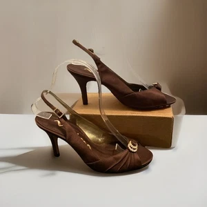 NINA Womens 6 M Satin Slingback Heels Shoes Open Toe Sandal Brown - Picture 1 of 16