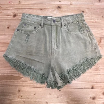Mustard Seed Denim Shorts Distressed Frayed Hem Casual Green Size S - Image 1 of 4