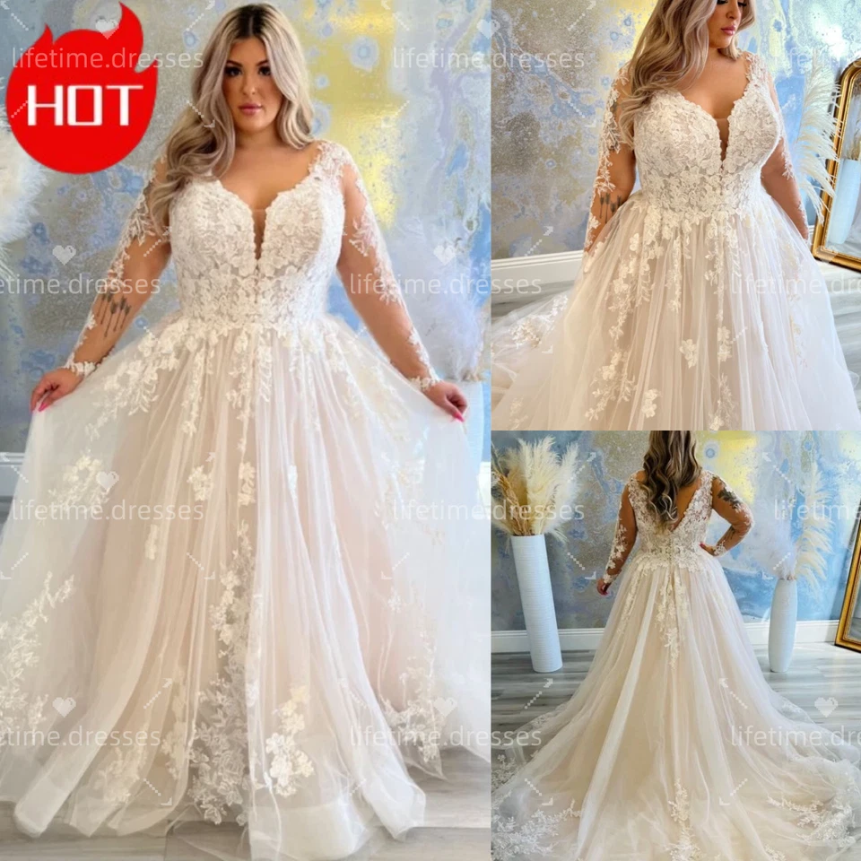 HOT SALE Plus Size Wedding Dresses with Long Sleeves Sweep TrainBridal Gowns - Image 1 of 4