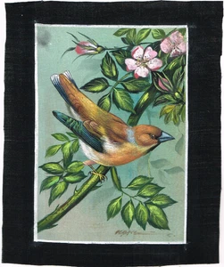 Pintura en miniatura hecha a mano de pájaro jilguero pintura sobre tela de seda 7x8,5" - Imagen 1 de 9