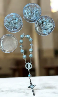 Set of 12 x Silver Baptism Rosary Favors Wedding Pearl Rosary Recuerdo Bautizo