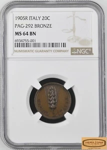 RARE 1905-R Italy 20 Centesimi PAG-292 BRONZE, NGC MS64 BN - #B45066 - Picture 1 of 2