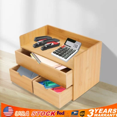 Raw Wood Color Tabletop Storage Box Bamboo Desk Organizer 3 Drawers Home Office - Image 1 of 4