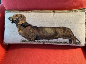 10 x 20" Handmade Needlepoint  Dachshund Dog Pillow zippered down/feather insert - Picture 1 of 5