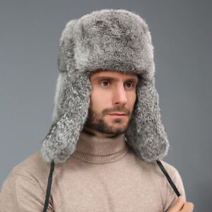 Mens Winter Artificia Rabbit Fur Hat Russia Trapper Earflap Ski Cap Earmuffs NEW
