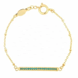 14K Gold 0.60 Ct. Genuine Turquoise Gemstone Bar Charm Bracelet Fine Jewelry - Picture 1 of 3
