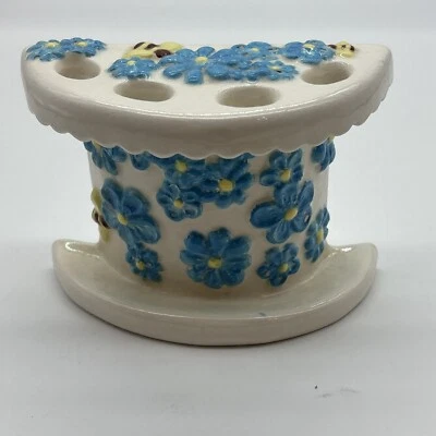 Fregadero de baño vintage cepillo de dientes soporte de cerámica blanco con flores azules abejas leer Foto 1 de 4