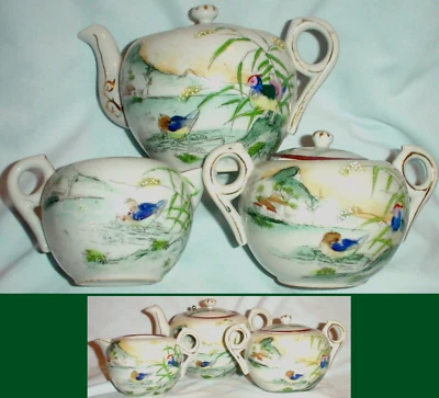 ANTIQUE JAPAN 3 Piece TEASET- TEAPOT, CREAMER, SUGAR -  BIRDS BAMBOO PORCELAIN - Image 1 of 4
