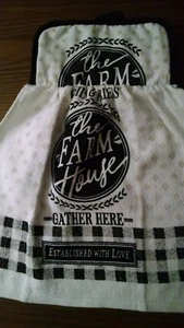 The Farm House print towel with potholder top for hanging . Black and White  NEW - Picture 1 of 2