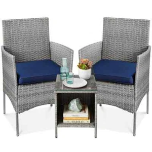 3-Piece Outdoor Wicker Conversation Patio Bistro Set,w/ 2-Chairs,Table,Cushions - Picture 1 of 7