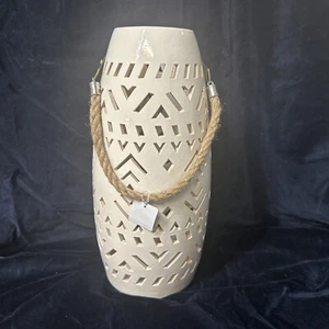 Pier 1 hohe Laterne durchbohrte Vase Glas Kerze Seil Griff neu mit Etikett 14 Zoll - Bild 1 von 12