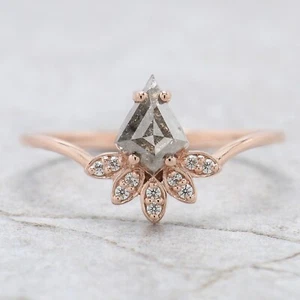 0.68 Ct Kite Cut Salt And Pepper Diamond Ring 14K Rose Gold Engagement Gift Ring - Picture 1 of 8