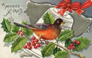 Nash No 14 Silver Metallic Bells Bird On Holly Branch  Merry Christmas Postcard - Picture 1 of 2