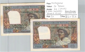 2 BILLETS CONSECUTIFS MADAGASCAR - 50 FRANCS ND(1969) - N°054196449/450  PICK 61 - Picture 1 of 2