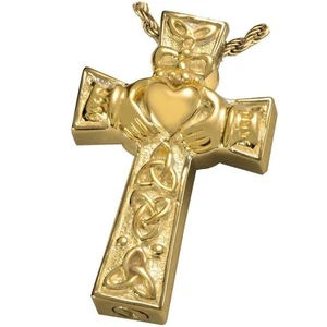 Celtic Heart Cross Ash Holder Cremation Urn Keepsake Pendant Necklace Gold Plate - Picture 1 of 3