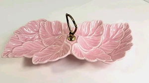 USA Pottery Pink Leaf Ceramic Candy Trinket Dish Vtg MCM Handle No 72 - Picture 1 of 8