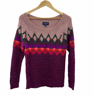 Suéter tejido ajustado estampado Fair Isle multicolor rosa púrpura para mujer M Foto 1 de 4