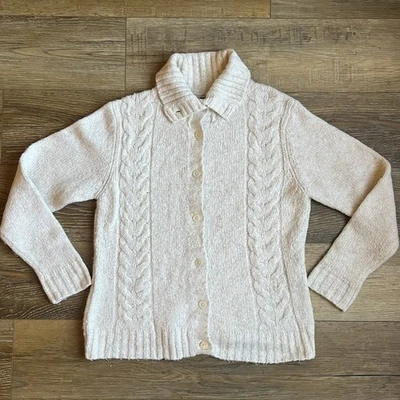 LL Bean Wool Cable Knit Cardigan Sweater Womens L Cream Fisherman Preppy Cottage - Image 1 of 4