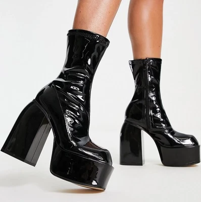 EGO, Bamboozle TRENDY Negro Imitación Charol 5.75" Tacón Plataforma Botas, Talla 10 Foto 1 de 4