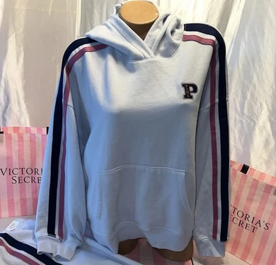 Victorias Secret PINK Hoodie Relaxed Fit Light Blue W/striped Arms Medium - Image 1 of 2