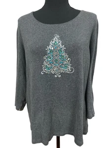 Karen Scott Woman SZ XL Festive Christmas Tree Gray Heather Heavily Beaded Tree - Picture 1 of 6