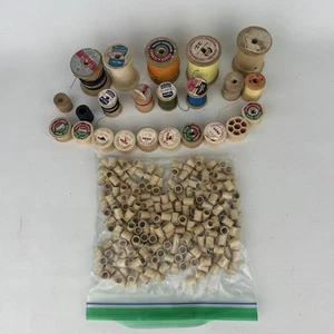 Vintage Lot of Wooden Sewing Thread Spools, Some Still Have Thread On Spools - Picture 1 of 6