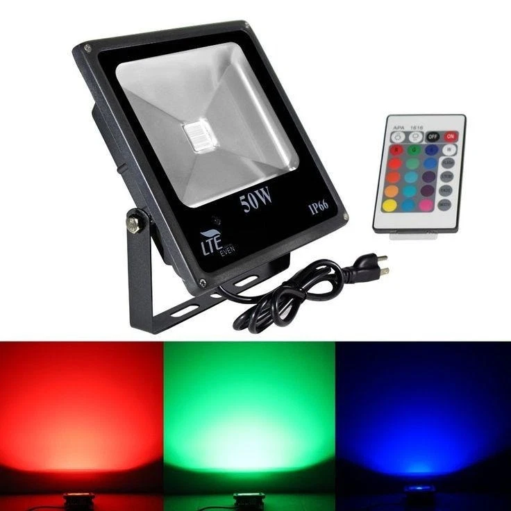Luces de inundación LTE Even 50W LED RGB IP66 con control remoto 16 colores 4 mod Foto 1 de 4