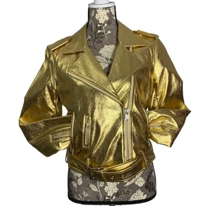 Levis Strauss Metallic Gold Faux Leather Moto Zipper Jacket Womens SZ S EUC - Picture 1 of 11