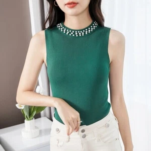 Mujeres Chaleco Tejido con Cuentas Camiseta sin Mangas Suéter Chaleco Cuello Redondo Top - Imagen 1 de 14