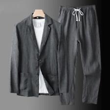 2 szt. Męski lniany garnitur Lato Causal Blezer + Spodnie Płaszcz Kurtka plażowa Dwa guziki