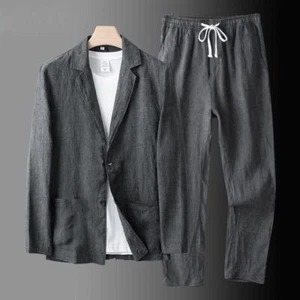 2 PC Men's Linen Suit Summer Causal Blazer + Pants Coat Beach Jacket Two Buttons - Picture 1 of 12