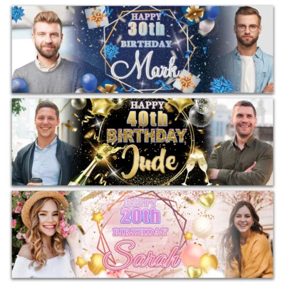 Personalised birthday photo banner man woman girl  party poster pink gold blue - Image 1 of 2