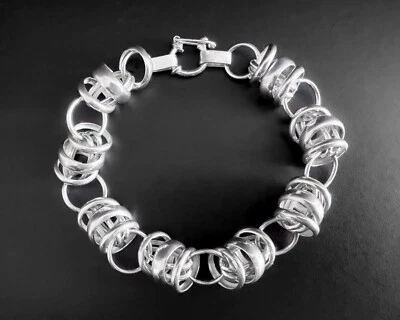 950 Sterling Silver Fancy Unique Open Circles Chunky Design Link Bracelet Foto 1 de 4