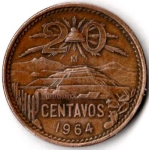 1964 - MEXICO - PIRAMIDE DEL SOL - TEOTIHUACAN - 20 CENTAVOS - KM # 440 - Imagen 1 de 2