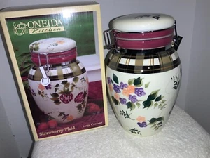 Oneida Strawberry Plaid Hand Painted China Flip Top Canister Container Fruit Jar - Picture 1 of 8