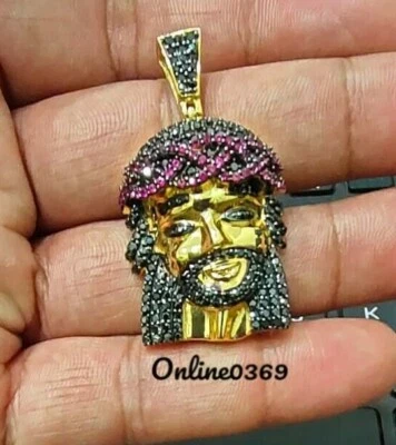 1.5 ct Enhance Black Simulated Pave Set Jesus Face Pendant Free Stud 925 Silver - Image 1 of 4