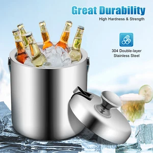 Double-Wall Stainless-Steel Insulated Ice Bucket With Lid and Ice Tong 1300ML - Picture 1 of 6
