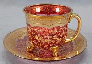 Bohemian Moser Type Raised Gold Floral Scrollwork Cranberry Footed Cup & Saucer - Picture 1 of 10