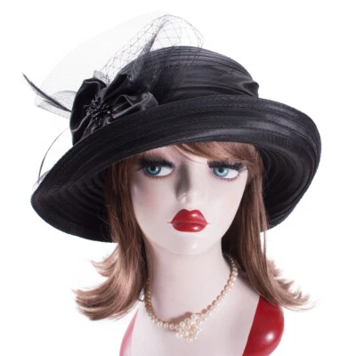 Womens Upturn Brim Wide Brim Bucket Cloche Church Wedding Tea Party Sun Hat A580 - Image 1 of 4