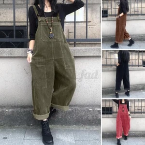 Women Corduroy Suspenders Dungarees Overalls Playsuits Harem Jumpsuits Plus Size - Picture 1 of 14