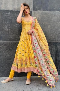 Indian Designer Anita Dongre Floral Yellow Anarkali Suit 3 Pc Set Size M EUC - Picture 1 of 4