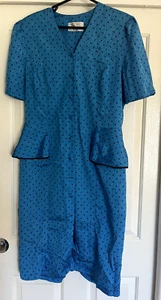 Vintage Traces Blue Dress with pleated back, bow, frill & shoulder pads size 16 - Picture 1 of 4
