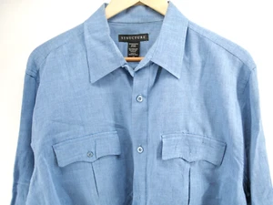 Linen Blend Button Up Shirt Mens Large Blue Solid Long Sleeve Casual Structure - Picture 1 of 6