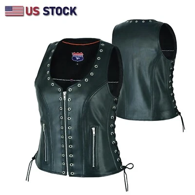 Fashionable Women Motorcycle Leather Ladies Vest Eyelet Trim Gun Biker #14682  - Image 1 of 4