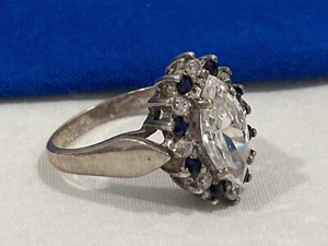 Vintage 925 Sterling Silver Blue & White Lab Colored CZ Stone BAND RING SIZE 7 - Picture 1 of 13