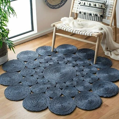 Rug 100% Jute Braided Style Handmade Carpet Blue Round Reversible scallop Mat - Image 1 of 4