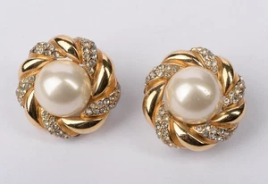 Vintage Ciner Gold-Tone Pearl Rhinestone Clip Earrings – Signed, 1” - Picture 1 of 7
