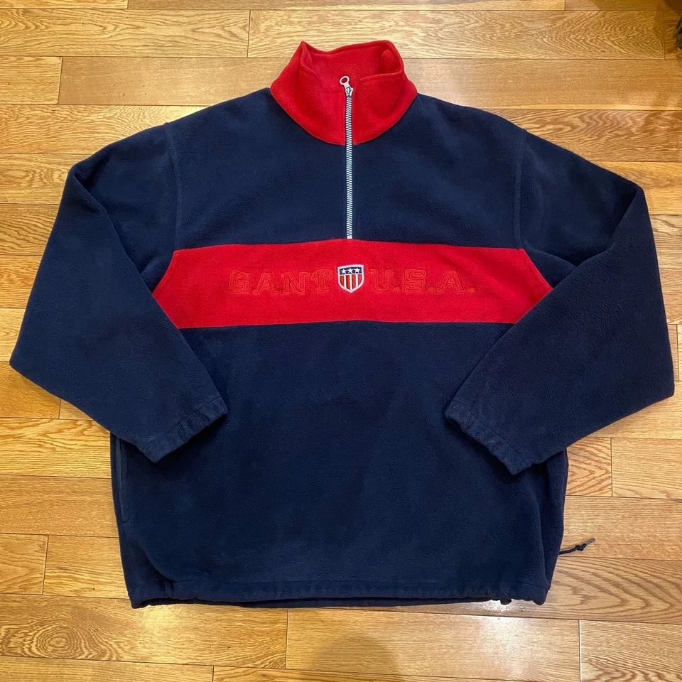 GANT USA Vintage Rugger Fleece 1/4 Quarter Zip Sweatshirt Men's L Navy Blue Red - Image 1 of 4
