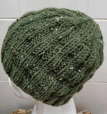 HANDMADE Hand Knitted Mens' Textured Beanie Hat - One Size - Aran - Green Tweed - New